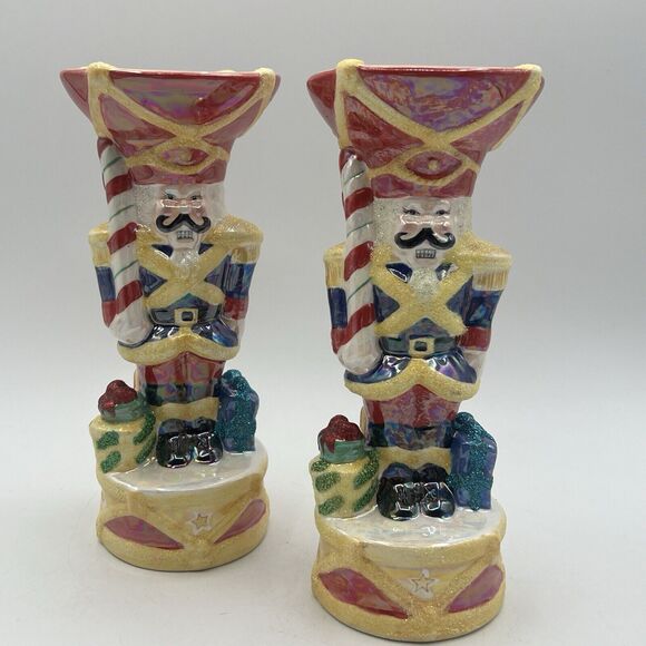 2 Radko Christmas Nutcracker Toy Dandy Soldier Candle Holders Ceramic 7" Glitter - Picture 1 of 9